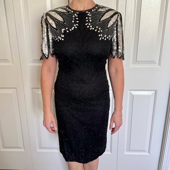 Laurence Kazar Dresses & Skirts - Vintage Laurence Kazar Sequin Black and Silver Silk Cocktail Dress Size S
